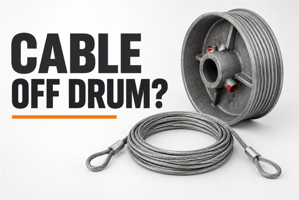Garage door cable drum and coiled lifting cable beside the words Cable Off Drum?