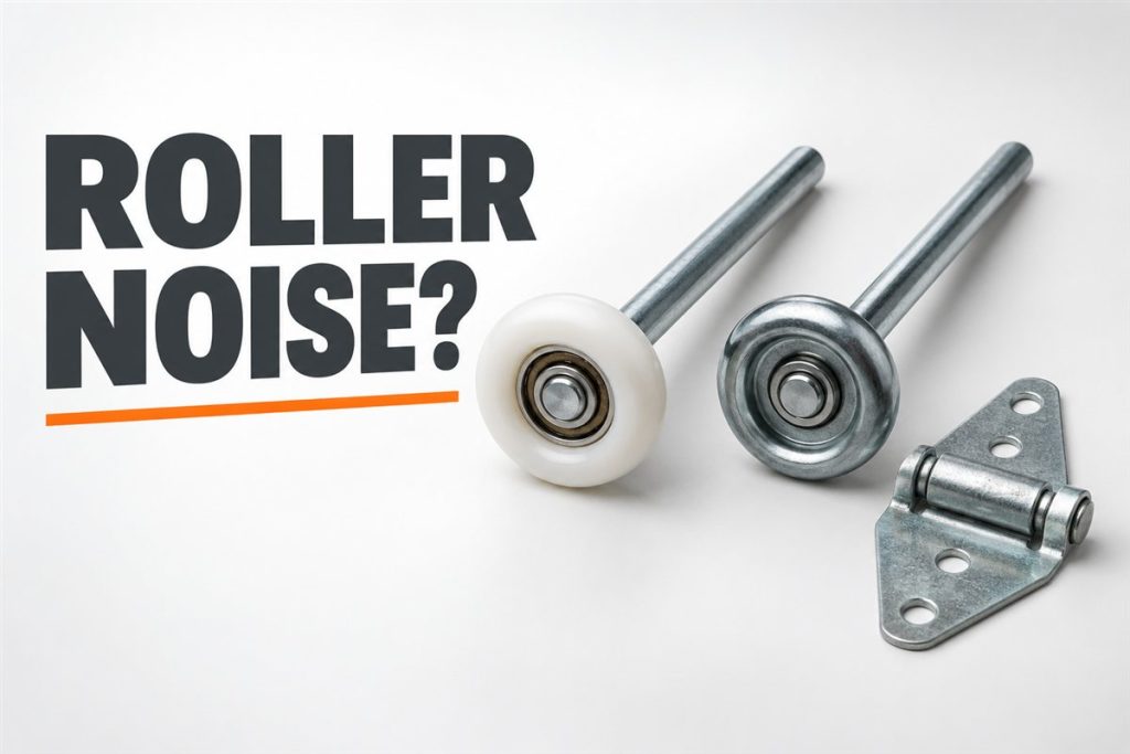 Nylon and steel garage door rollers with a hinge beside the words Roller Noise?