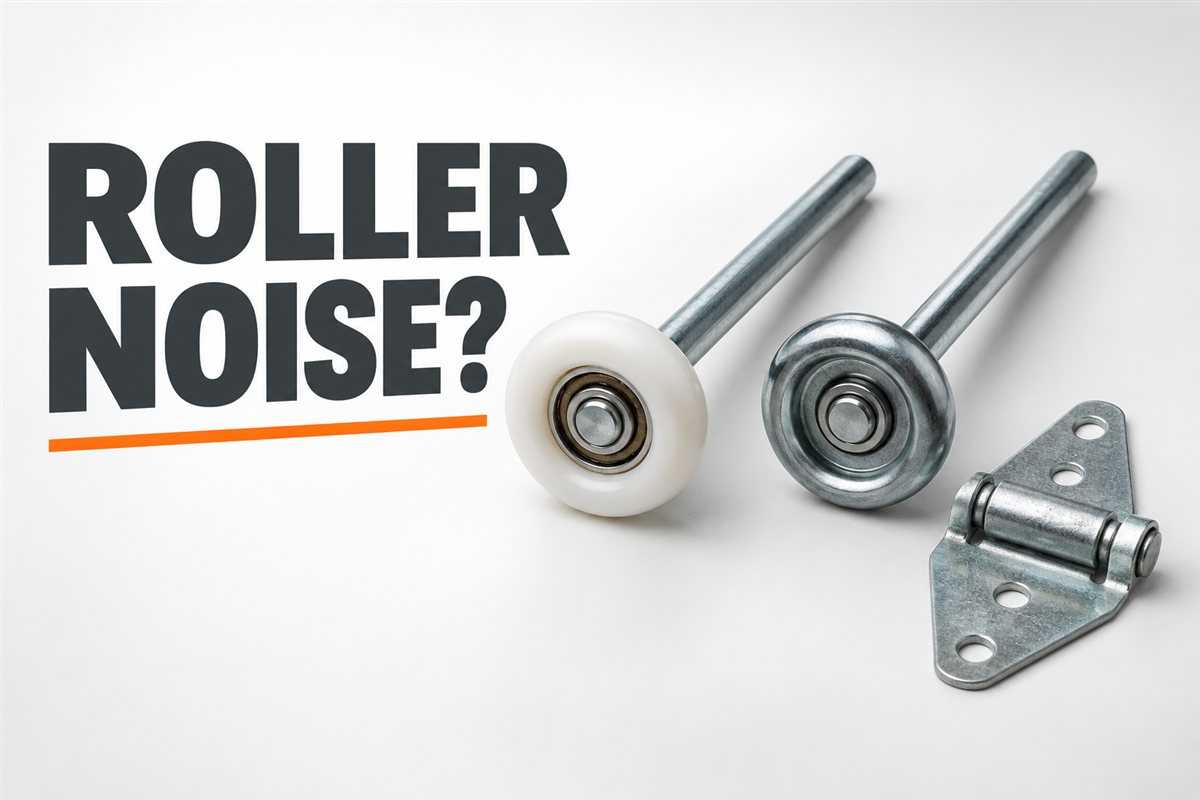 Nylon and steel garage door rollers with a hinge beside the words Roller Noise?